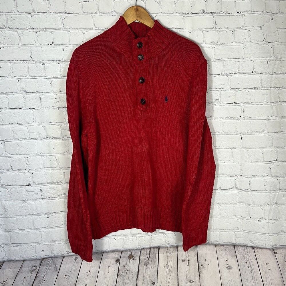 Vintage Polo Ralph Lauren Mens Red Cotton Knit Henley 1/4 Sweater‎ Size Large